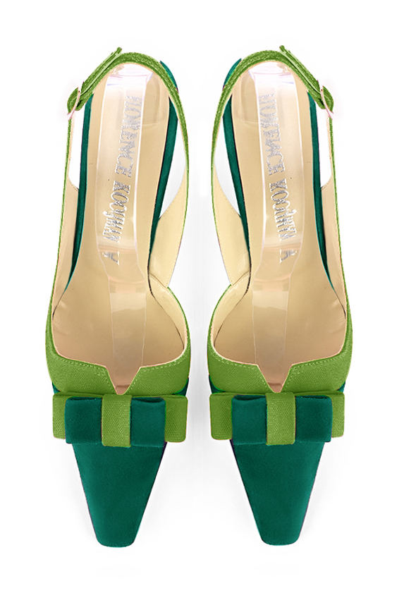 Emerald green women's open back shoes, with a knot. Tapered toe. Medium comma heels. Top view - Florence KOOIJMAN